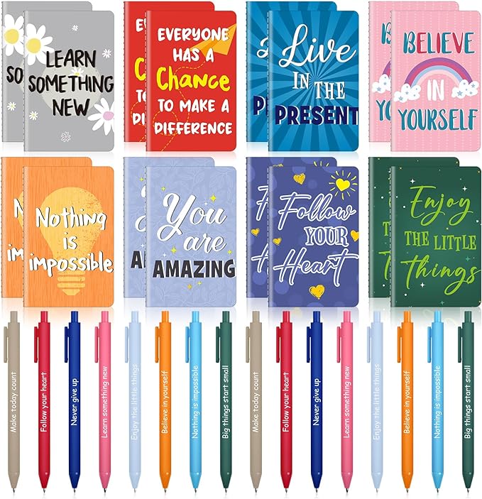 Funrous 32 Pcs Motivational Quote Pens Inspirational Notepads Mini Journal with Ballpoint Pen Small Notebooks Gift Set for Men Women Coworkers, Adult Party Favors Prizes Gift Bulk(Vibrant)