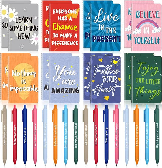 Funrous 32 Pcs Motivational Quote Pens Inspirational Notepads Mini Journal with Ballpoint Pen Small Notebooks Gift Set for Men Women Coworkers, Adult Party Favors Prizes Gift Bulk(Vibrant)