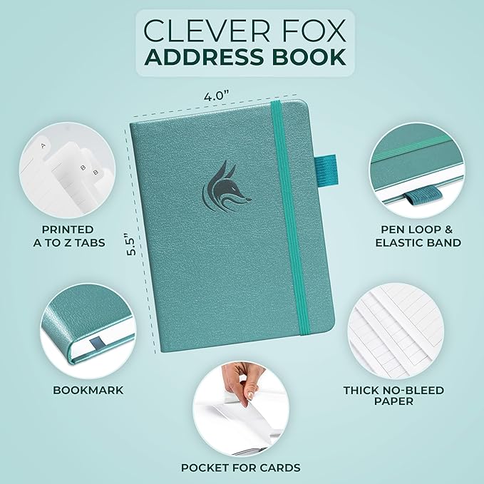 Clever Fox Address Book with alphabetic tabs - PU Leather Telephone and Address Book for Keeping Contacts Safe, Contact Organizer Journal, Small Size (4.0″ x 5.5″), Hardcover, Aquamarine
