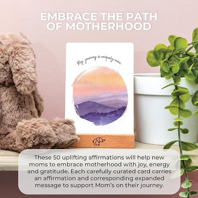 New Mom Affirmation Cards - 50 Postpartum Affirmation Cards for Self-Care, Gift for New Mom After Birth in Tin Box with Wooden Stand