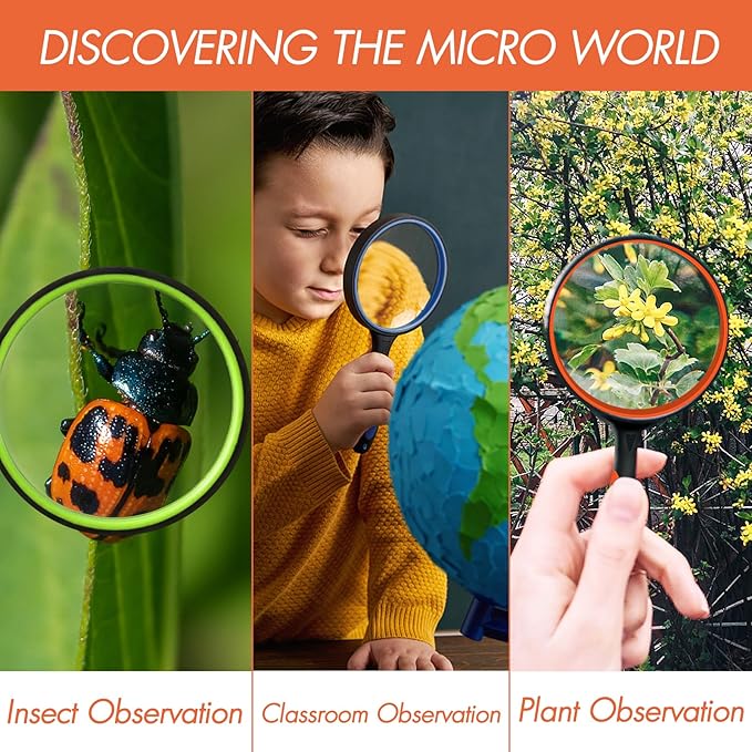 Leffis 4 Pack Magnifying Glass, 10X Non-Slip Handheld Reading Magnifier with Lanyard for Kids and Seniors, 75mm Magnifying Glass Lens for Reading, Classroom Science, and Nature Exploration