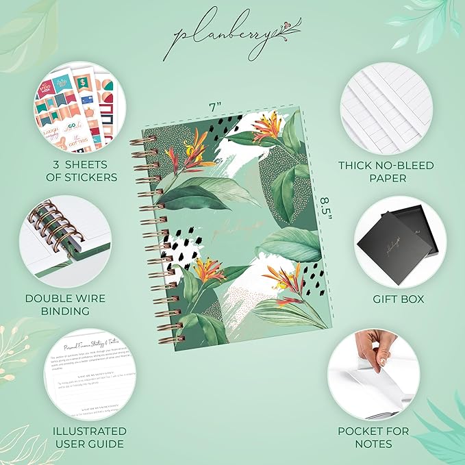 PLANBERRY Budget Planner & Monthly Bill Organizer with Pockets Premium – Home Finance & Bill Payment Organizer – Budgeting Book with Income & Expense Tracker - 7x8.5″ Hardcover (African Green)