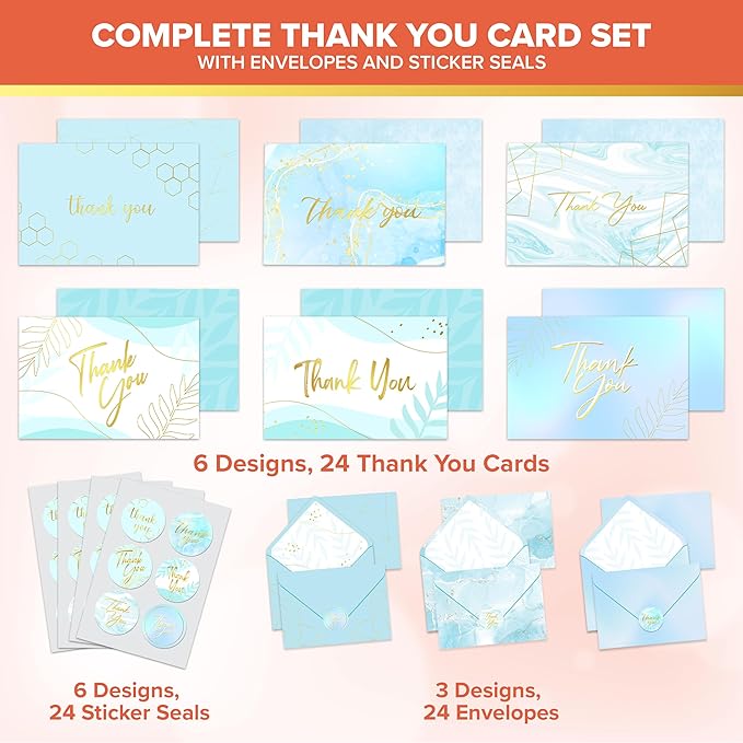 Decorably 24 Pack Gold-Foiled 6x4in Light Blue Thank You Cards with Envelopes and Stickers, 24 Elegant Designs Thank You Blue Cards, Blank Inside - Wedding, Baby Shower