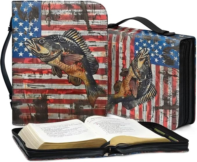 Lotusorchid Bass Fish Print Bible Cover Case, Zippered Bible Carrying Case for Women Girls, American Flag Bible Tote Bag Sturdy Bible Book Cover for Bible Study, Christian Bible Accessories, L