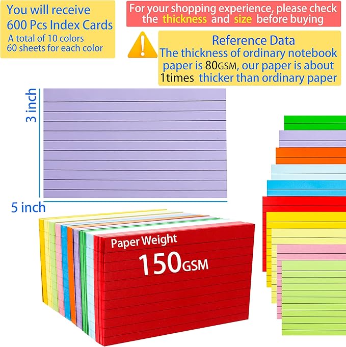 MotBach 600 Pieces Index Cards Flash Cards,3" x 5", 10 Color Assorted Color Memo Note Cards Studying Record To Do List for Home School Office Supplies (Lined Card)