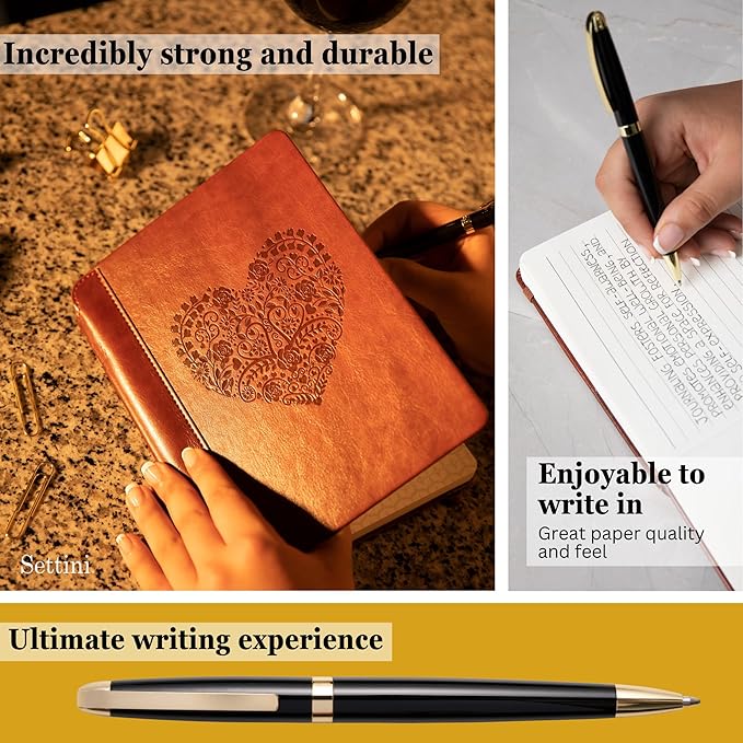 SETTINI® Lined Journal - Heart Journal for Writing Gift Set - Hardcover Vegan Leather, Includes Luxury Pen in a Unique Pen Holder, 192 Pages, 6 x 8.5 inches - Birthday Gifts for Women