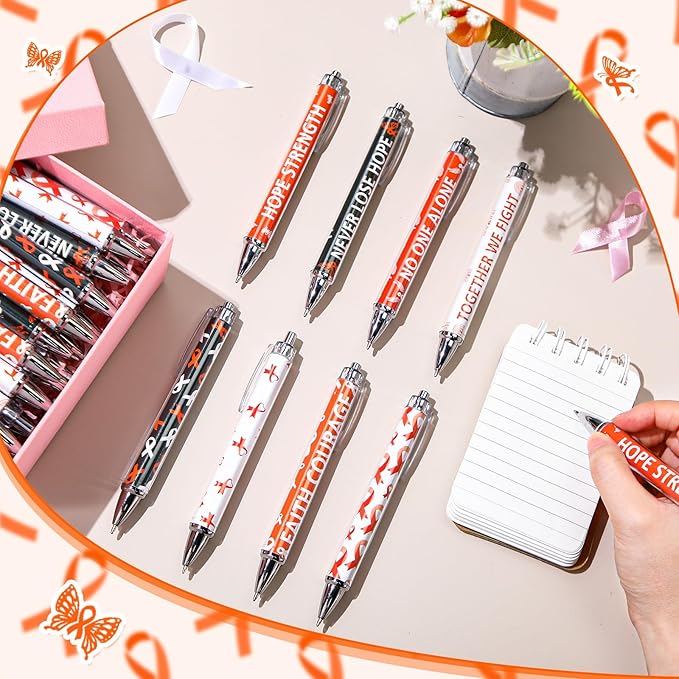 48 Pcs Orange Awareness Ribbon Pens Cancer Awareness Ballpoint Pens Bulk Faith Courage Hope Strength Health Awareness Favor Gifts for Leukemia Lymphoma Cerebral Cancer Awareness Support