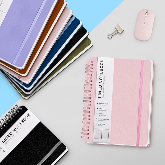 Lined Spiral Journal Notebook, A5 Hardcover Leather Notebook for Work, 5.7''×8.2'', 100GSM Thick Paper Spiral Bound Journaling Notebooks for Women & Men Office School Note Taking Business, Pink