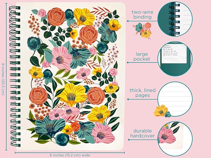 Steel Mill & Co Cute Floral Mini Spiral Notebook, 8.25" x 6.25" Journal with Durable Hardcover and 160 Lined Pages, Garden Blooms (Cream)
