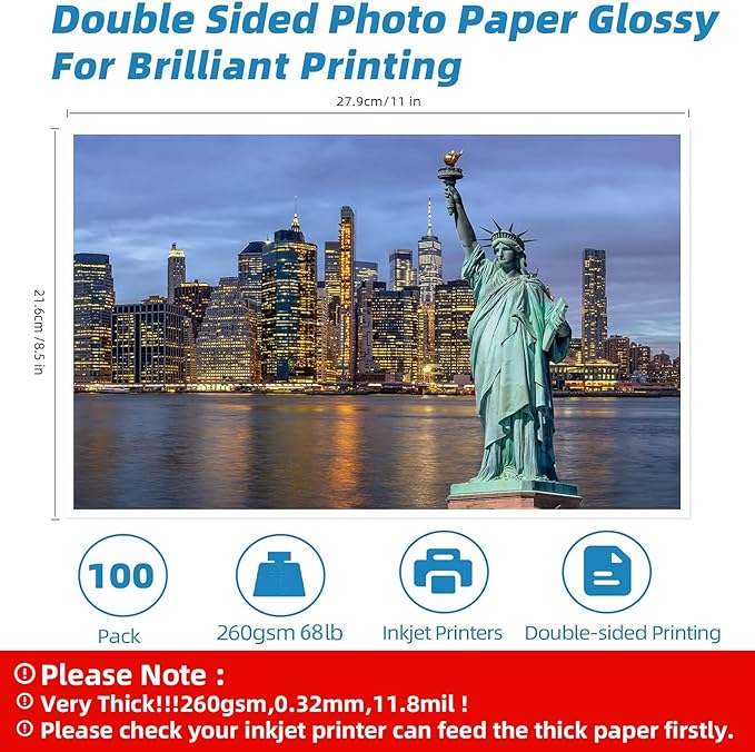 Uinkit Thick Photo Paper Glossy Double Sided 100 Sheets 8.5x11 Heavyweight 68lb 260gsm Inkjet Both Sides Printable 11.8mil A4 Letter size Flyer Bulk Pack 8.5 x 11 Card paper postcard postal A189