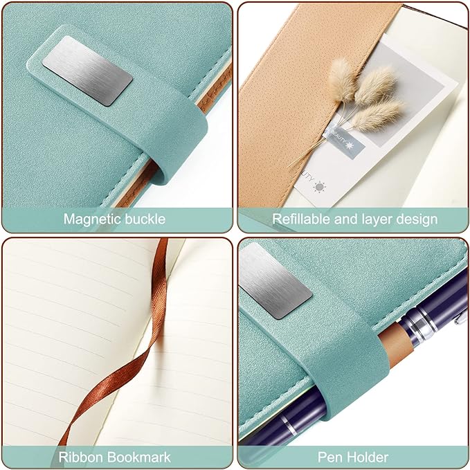 A5 Lined Leather Journal with Pen, 240 Pages Refillable Hardcover Notebook with Pocket and Magnetic Buckle, 80gsm Thick Daily Diary for Men and Women, Great Gift for Business School Travel Personal - Light Green