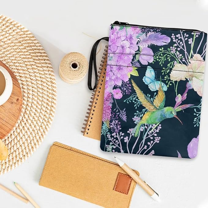 COEQINE 9x11 Book Sleeves Book Covers Portable Hummingbirds Aesthetic Zippered Book Cover Case with Pen Holder for Travel Accessories
