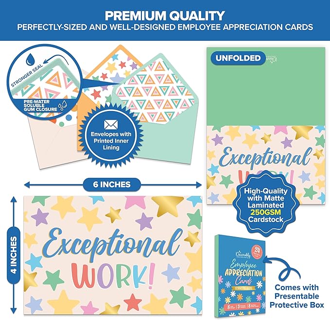 Decorably 24 Pack Gold-Foiled 6x4in Employee Appreciation Cards with Envelopes and Stickers, 8 Festive Designs Employee Thank You Cards, Blank Inside - Office Party