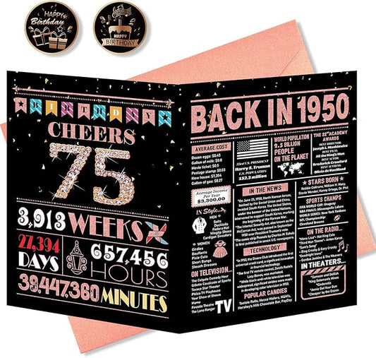 75th Birthday Card, 75th Birthday Decorations Women, 75th Birthday Gifts for Mom, Back in 1950 Birthday Card, Rose Gold