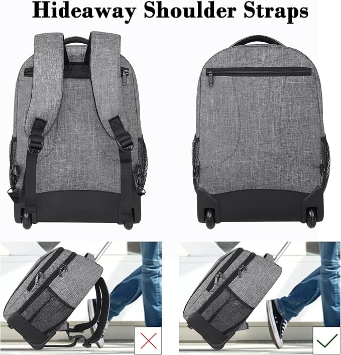 MATEIN Rolling Backpack with Wheels, Water Resistant Travel Laptop Backpacks for Women Men, Large College Wheeled Backpack for Adult, 17 Inch Roller Computer Bag, Carry On Luggage for Airplanes, Grey
