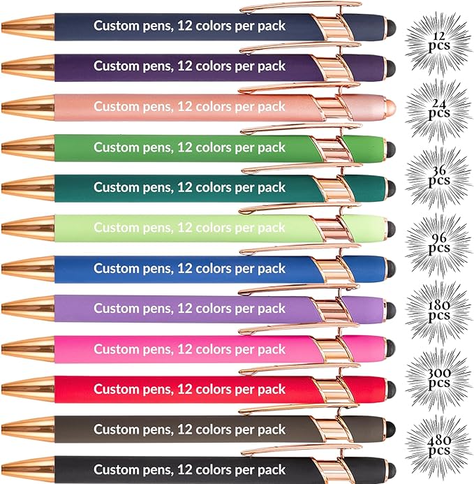 Up to 480 Pcs Personalized Pens in Bulk, Custom Metallic Printed Name Pens with Black Ink, Customized Pens Bulk with Stylus-Great Gift Ideas(Gold 12 Colors)