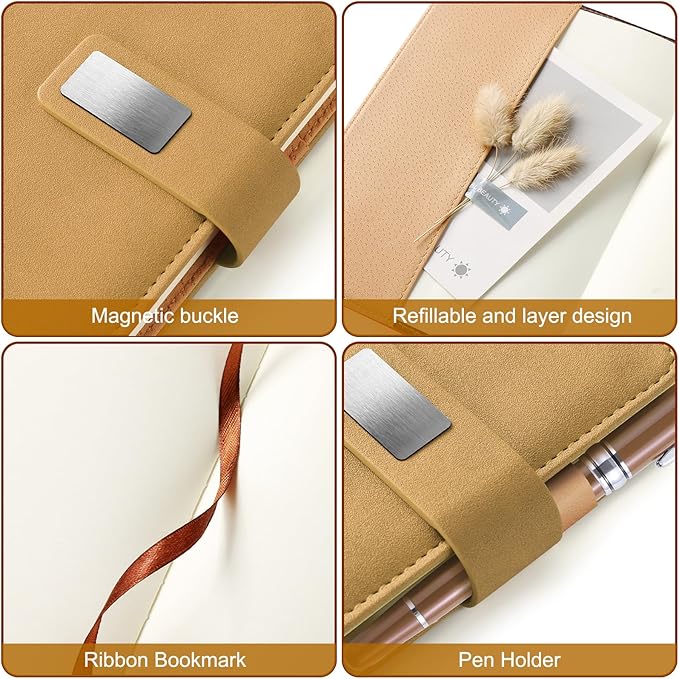 A5 Blank Journal Notebook, Refillable Hardcover Leather Sketchbook with Pocket and Magnetic Buckle, 240 Pages Thick Travel Sketchbooks for Drawing and Writing, 80gsm Unlined Journal for Men and Women