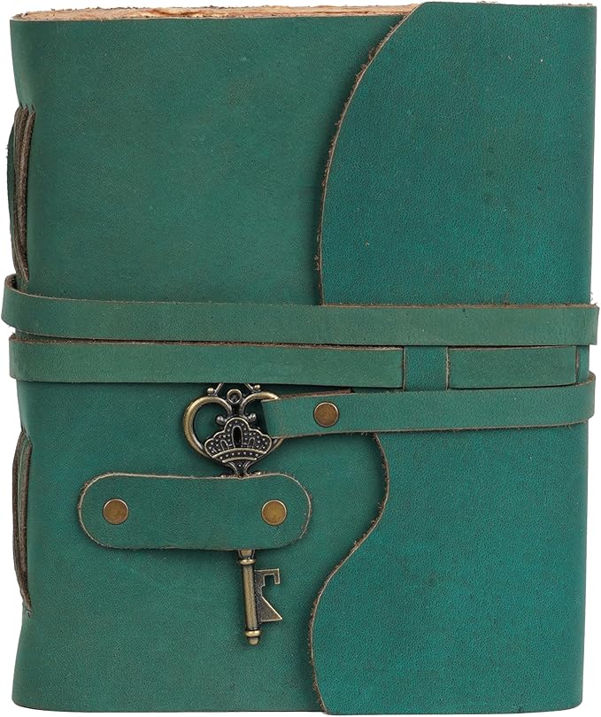 LEATHER VILLAGE Vintage Leather Journal – 200 Handmade Vintage Deckle Edge Paper – Leather bound Journal For Women Men – Vintage Key Closure - Book of Shadows - Turquoise - 6X4 inches (A6)