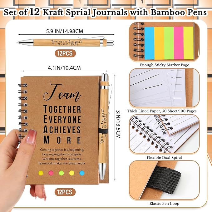 Jetec 12 Sets Bulk Employee Appreciation Gifts Bulk Inspirational Spiral Notebook with Note Ballpoint Pen Thank You Gifts for Volunteer Social Worker Nurse Staff Coworker Students (Team)