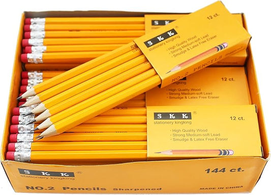 SKKSTATIONERY Pre-sharpened pencils, Pencils Sharpened with eraser top, 2 HB pencil, 144/box.