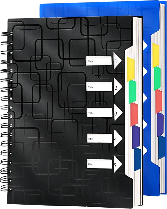 CAGIE 2 Pack Spiral Notebook for Work 5 Subject Notebook with Dividers Tabs A5 Spiral Bound Journal College Ruled 240 Pages for School Office Business Supplies Notebook Taking,5x7 (Black&Blue)