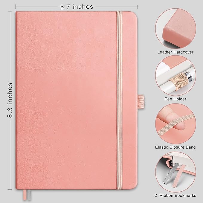 RETTACY Journaling Notebooks, A5 Lined Journal Notebook with 192 Numbered Pages, 5.7'' × 8.3'' Medium Size, for Writing, Work, Office, Leather Hardcover, 100 GSM Thick Paper (Pink)