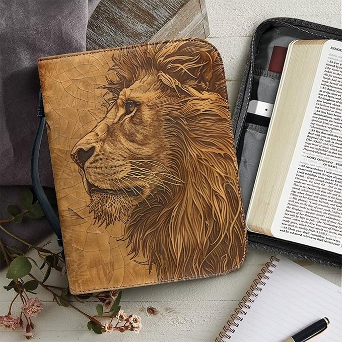 Lotusorchid Lion Print Bible Bag for Men, PU Leather Bible Cover Sturdy Bible Book Carrying Bags Christian Bible Study Accessories for Bible Study, Brown, L