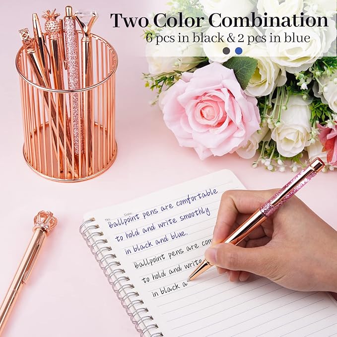 WEMATE 8Pcs Ballpoint Pens Set Metal Crystal Diamond Pen Glitter Pen for Journaling Pen Bling in Black & Blue Ink Pretty Cute Pens Fancy Pens Gifts for Women Wedding School Office Desk (Rose Gold)
