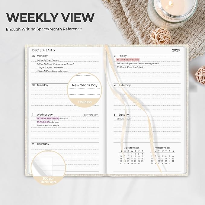 SUNEE 2025 Pocket Weekly Planner for Purse 3.5" x 6" - 12 Month (January 2025 - December 2025), Pocket Size Planner, Hardcover, Notes, Pocket, 100 GSM Paper, Beige