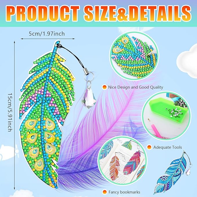 8 Pcs 5D Diamond Painting Bookmarks Kits DIY Feather Bookmark Diamond Art Bookmarks Crystal Shaped Diamond Feather Bookmark for Home Office Project