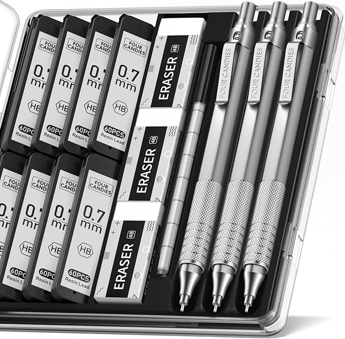 Four Candies 0.7mm Mechanical Pencil Set with Case, 3PCS Metal Artist Lead Pencil with 8 Tubes (480PCS) HB Lead Refills, 3 Erasers, 9 Eraser Refills For Engineer Art Writing Drawing Drafting, Silver