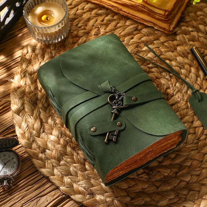 Fausta Vintage Handcrafted Leather Journal with Key for Writing, 240 Pages (A4), Deckled Cotton Paper Notebook/Diary for Men and Women 150 GSM Drawing/Sketchbook, Hunter Green