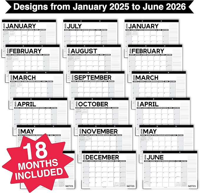 Hadley Designs Large Desk Calendar 2025-2026 - 18-Month Desktop Calendar 2025 for Organized Planning, 17" x 11" 2025 Desk Calendar for Home, School and Office (Black & White)