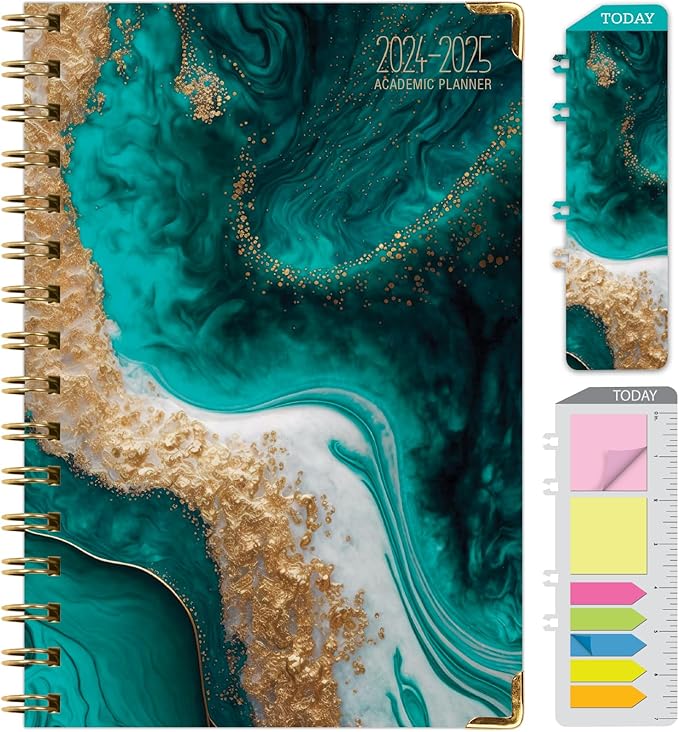 HARDCOVER Academic Year 2024-2025 Planner: (June 2024 Through July 2025) 5.5"x8" Daily Weekly Monthly Planner Yearly Agenda. Bookmark, Pocket Folder and Sticky Note Set (Teal Gold Marble)