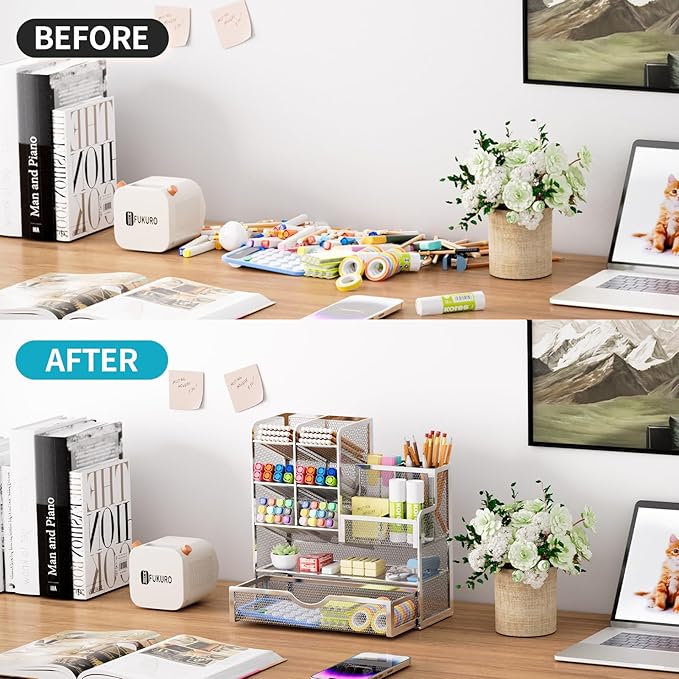 Marbrasse Mesh Pen Holder for Desk, Pen Organizer with Drawer, Multi-Functional Pencil Organizer, Desk Organizers and Accessories for Office Art Supplies (Silver)