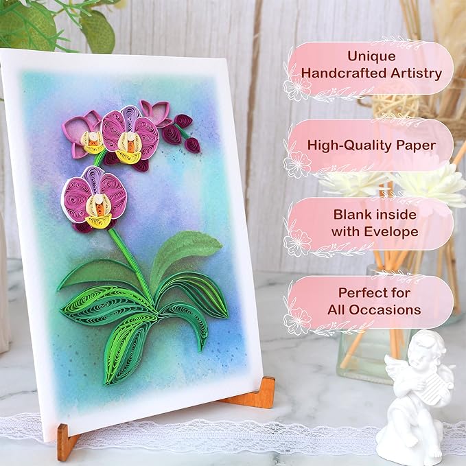 KingKraft Orchid Quilling Card, Birthday Card for Mom, Anniversary Card for Wife, Valentines Day, Mothers Day Card, Thinking of You, Get Well Card, Greeting Card for All Occasions, Blank Inside