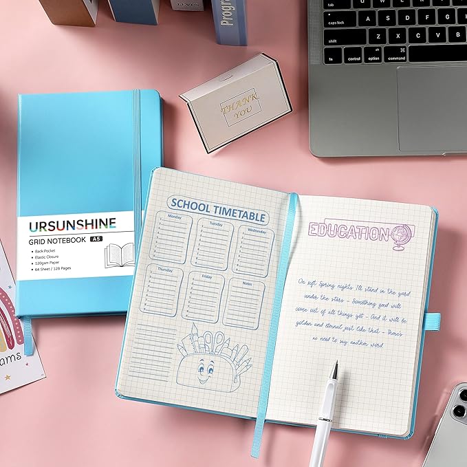 Graph Grid Paper Notebook/Journal - Classic Journal/Notebook with Ribbon Divider, Hardcover with Thick Paper, 5.3" x 8.26", Banded + Pen Holder +Inner Pocket - Light Blue