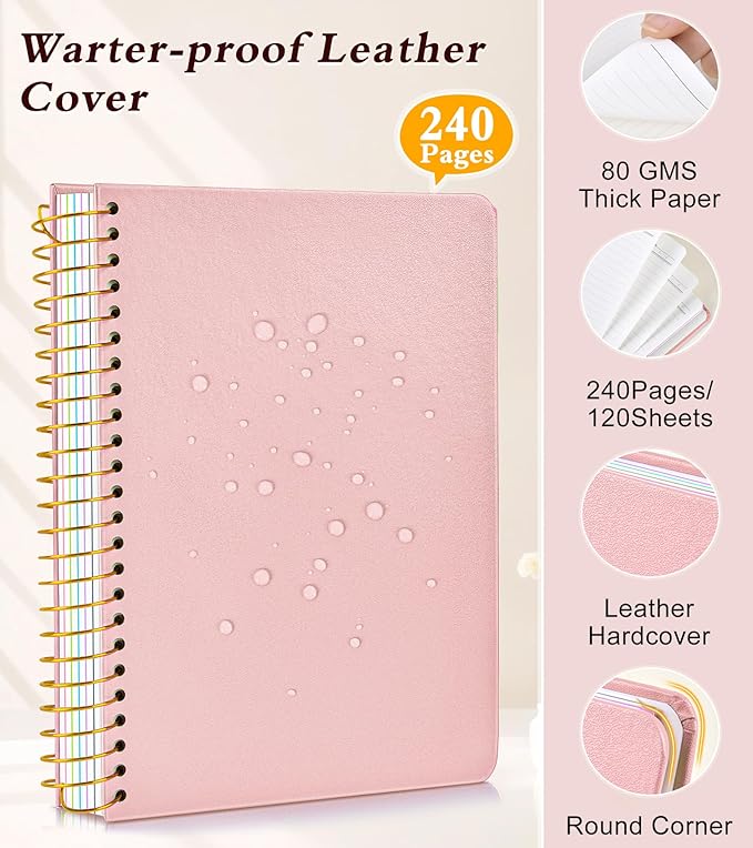 5 Subject Notebook College Ruled, Hardcover Spiral Notebook with Removable Pocket Dividers Tabs, 240 Pages Lined Spiral Journal Notebook for Women, 6x8.5 Notebooks for Work School Note taking A5 Pink