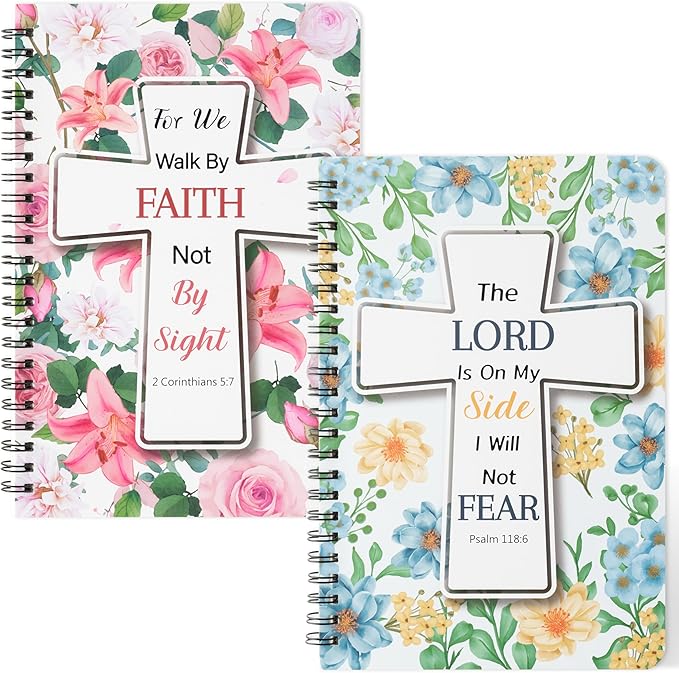 2Pack A5 Floral Cross Religious Spiral Notebooks - Bible Verses Writing Notebooks, Ruled Hardbound Lined Journal, Inspirational Christian Christmas Gift, Sunday School Supply (Pink & Blue)