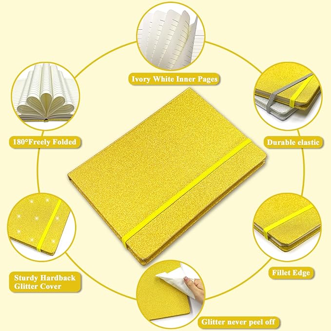 GINMLYDA A5 Glitter Notebook, Hardcover 160 Pages Never Peel Off Sparkle Glitter Lined Journal Notebook for Women Girls Writing Note Taking Works School Gift (Golden-8.3 x 5.7 Inches)