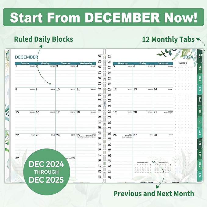 SUNEE 2025 Weekly and Monthly Planner - from January 2025 - December 2025, 6.4" x 8.3" Daily Agenda Planner with Monthly Tab, Flexible Cover, Note Pages, Pockets, Bookmark, Spiral Binding, Eucalyptus