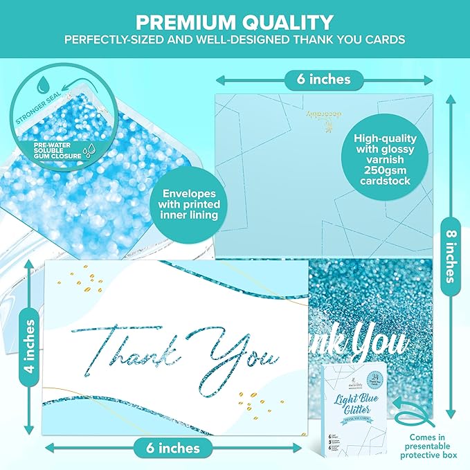 Decorably 24 Pack Glittery 6x4in Light Blue Thank You Cards with Envelopes and Stickers, 24 Elegant Designs, Blank Inside - Wedding, Baby Shower