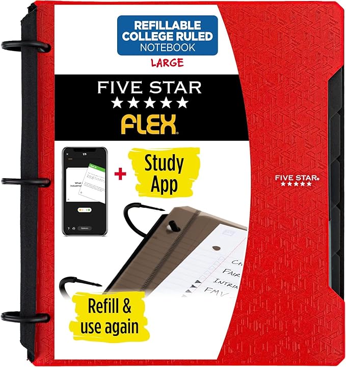 Five Star Flex Refillable Notebook + Study App, College Ruled Paper, 1 Inch TechLock Rings, Pockets, Tabs and Dividers, 200 Sheet Capacity, Red (29328AB2)