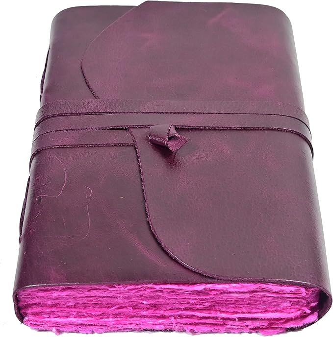 Vintage Purple Leather Journal - 200 Pages Pink Deckle Edge Rustic Paper - Unlined Pages Book of Shadows, Grimoire, Junk Scrapbook, Fantasy Medieval Gifts, Sketchbook (Mystical Purple, 9"x6")