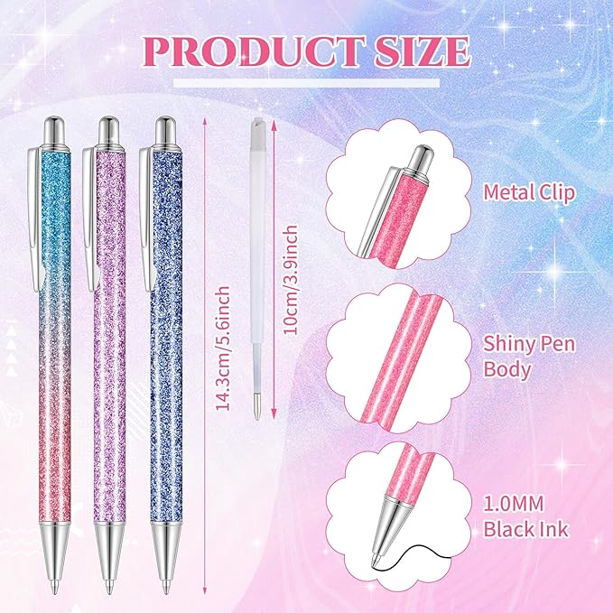 Sherr 7 Pcs Fancy Pens for Women Cute Sparkly Glitter Pens with 10 Pcs Black Ink Refills Pretty Gifts for Girls Office School Christmas Graduation(Pastel,Glitter)