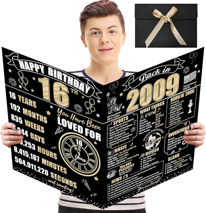 Large 16th Birthday Card With Envelope for Boys Girls, 2009 Black Gold Happy 16th Birthday Giant Guest Signature Book Gifts, Big Vintage 2009 16th Greeting Card Decoration Party Supplies