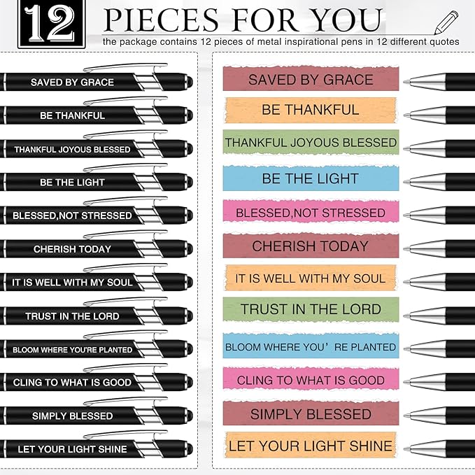 Zonon 12 Pieces Inspirational Pens Bulk Easter Basket Stuffers Motivational Quotes Ballpoint Pens with Stylus Tip Inspirational Gifts for School Office Teachers(Black,Bible Style)
