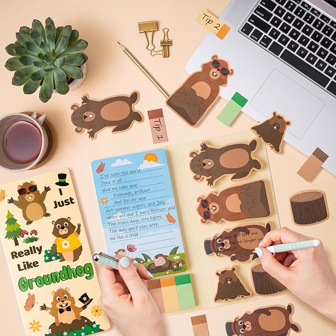 I Just Really Like Groundhog Sticky Notes Set - Cute Animal Self-Stick Note Pads Divider Tabs Bundle Writing Memo Pad Page Marker Back to School Office Supplies Groundhog Day Party Favor Gift