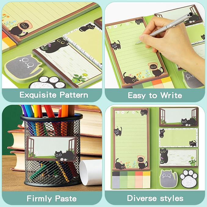 B1ykin Sticky Notes Set - Cartoon Theme Cute Self-Stick Notes Pad Teacher Appreciation Gifts， Self-Adhesive Writing Memo Pages Sticky to Do Notepad for Kids Employee School Office (Black Cat Floral)