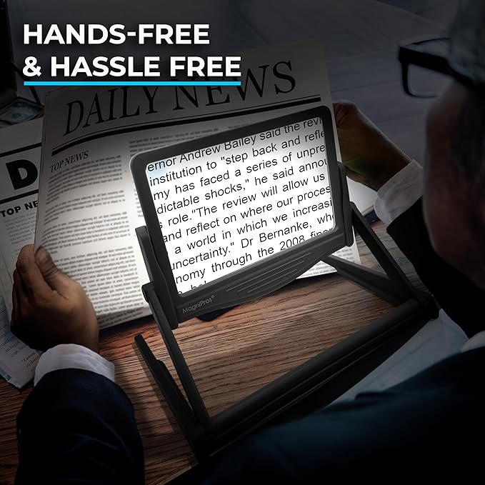MAGNIPROS Patented 5X Large LED Page Magnifier with Detachable Hands-Free Stand, 3 Color Light Modes, Anti-Glare Lens for Eye Strain Relief – Perfect for Reading, Crafting, Low Vision & Seniors